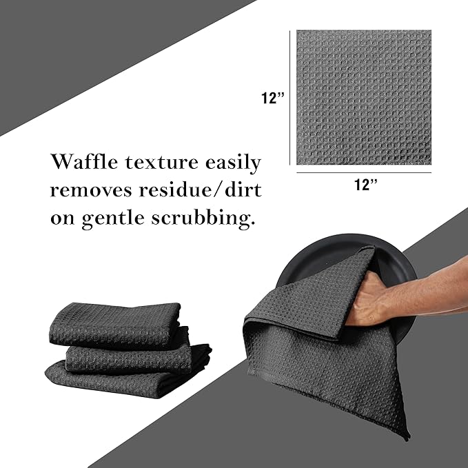 Black Waffle Dishcloths, 12x12 Inch, Absorbent, Soft, and Durable, Quick Drying, Reusable, Machine Washable, 100% Cotton, Perfect for Cleaning, Multipurpose Dish Towels, Set of 12