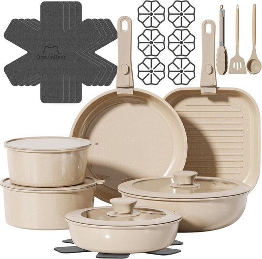 26 Pcs Pots and Pans Set Non Stick, Ceramic Cookware Set Non Toxic with Detachable Handles, Healthy Induction Cookware Dishwasher Oven Safe RV Kitchen Set, PFAS PFOA & PTFE Free, Taupe