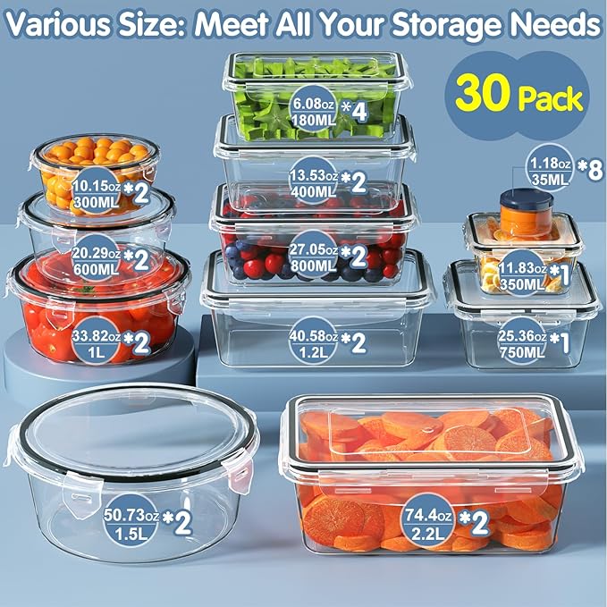 60-Piece Large Food Storage Containers Set - Leakproof, BPA-Free Plastic with Lids Airtight for Kitchen Storage and Organization Reusable with Labels Pen- Microwave Dishwasher Freezer Safe