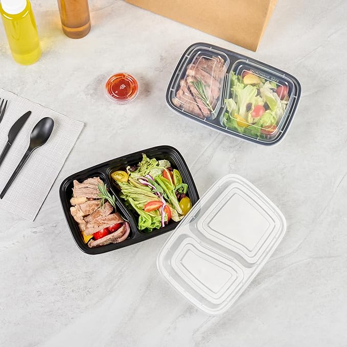 Restaurantware Asporto 32 Ounce Compartment Take Out Boxes, 50 Microwavable Meal Prep Containers - 2 Compartments, With Clear Plastic Lids, Black Plastic Food Containers, Do Not Contain BPA