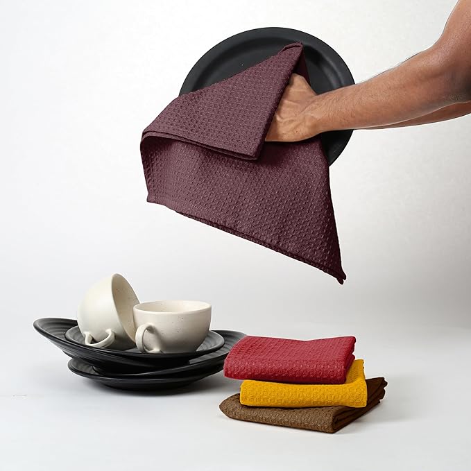 Multicolor Waffle Kitchen Towels, 16"x26", Soft, Absorbent, Durable, Quick Drying, Reusable, 100% Cotton, Ideal for Kitchen Cleaning, Drying Dishes, Set of 4, Brown, Maroon, Red, Yellow