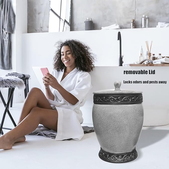 6 Pieces Bathroom Accessories Set Including Trash Can, Cup, Toothbrush Holders, Soap Dishes, Soap Dispenser and Toilet Brush, Home Decoration, Retro Style, Grey