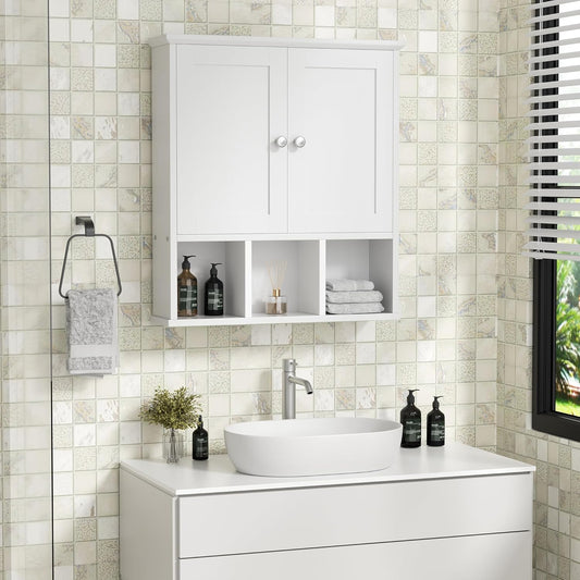 Shintenchi Bathroom Wall Cabinet with Door, Storage Organizer Over The Toilet Medicine, Space Saving with Adjustable & Open Shelf, Solid White