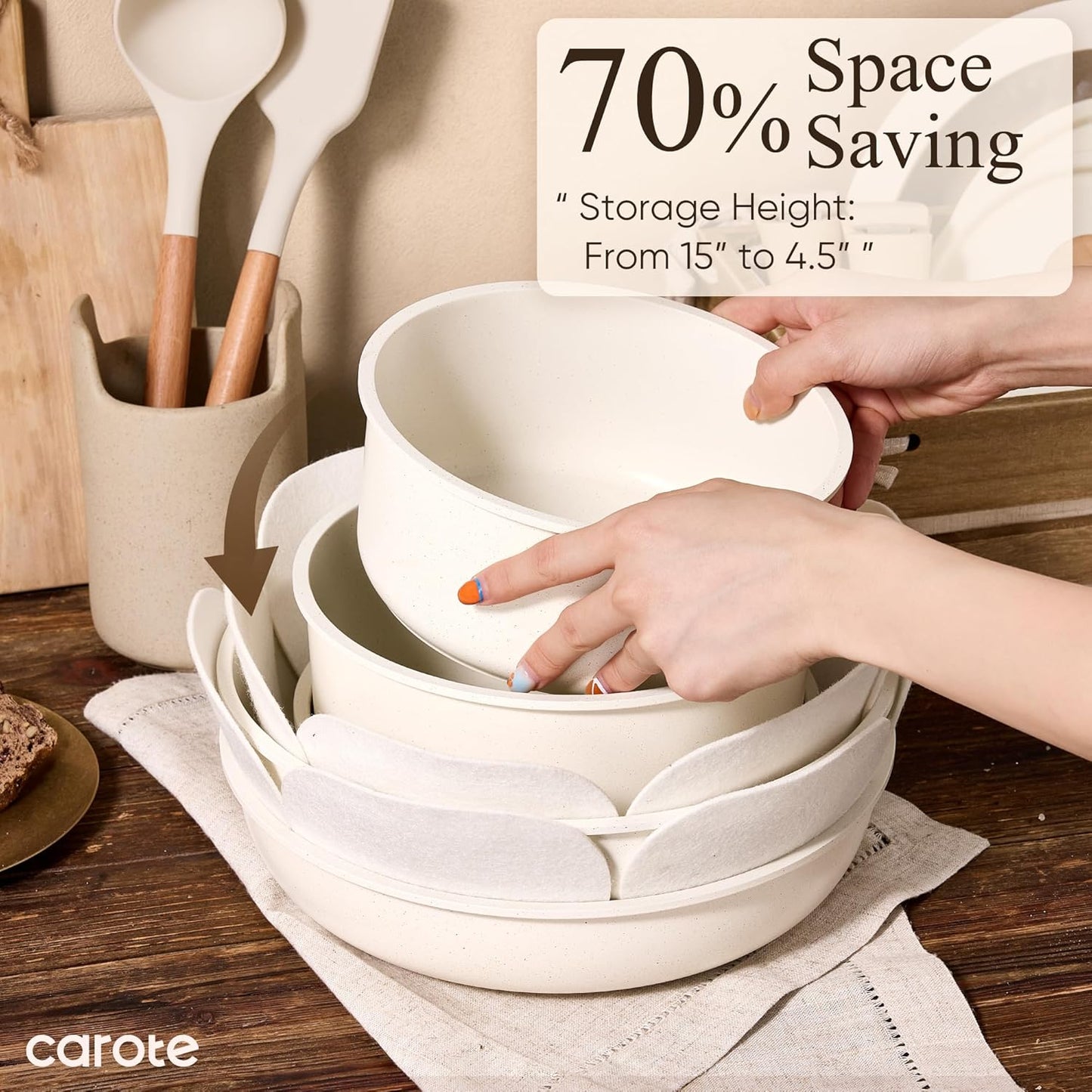 CAROTE 19pcs Pots and Pans Non Stick, Cookware Sets Detachable Handle, Induction Kitchen Pots and Pans,NonStick Cooking Set, Oven/Dishwasher/Fridge Safe, Space Saving