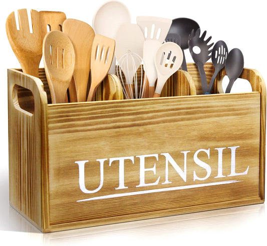Kitchen Utensil Holder Rustic Large Wooden Utensil Organizer Cooking Tools Storage (Farmhouse Wooden)