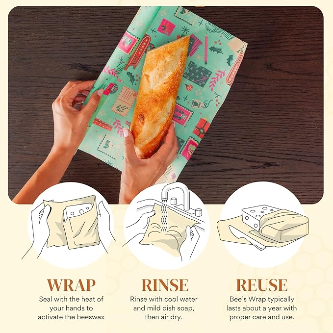 Bee's Wrap Beeswax Wraps for Food - Seasons Greetings Cut to Size Wax Paper Roll - Made in USA Reusable Waxed Paper & Bowl Covers - Organic & Eco-Friendly Alternative to Aluminum Foil & Plastic Wrap