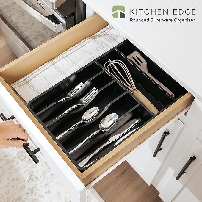 Silverware Organizer - Cutlery, Flatware, and Utensil Holder for Kitchen Drawers, Fixed 10.5” Width, 7 Storage Compartments, Non-Slip Feet, Rounded Corners, 100% Bamboo, Black Finish