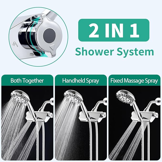 Filtered Shower Head with Handheld Combo, Hard Water Filter Shower Head with 9 Shower Modes, Dual Shower Heads High Pressure, Shower Filters to Remove Chlorine and Fluoride (Chrome)