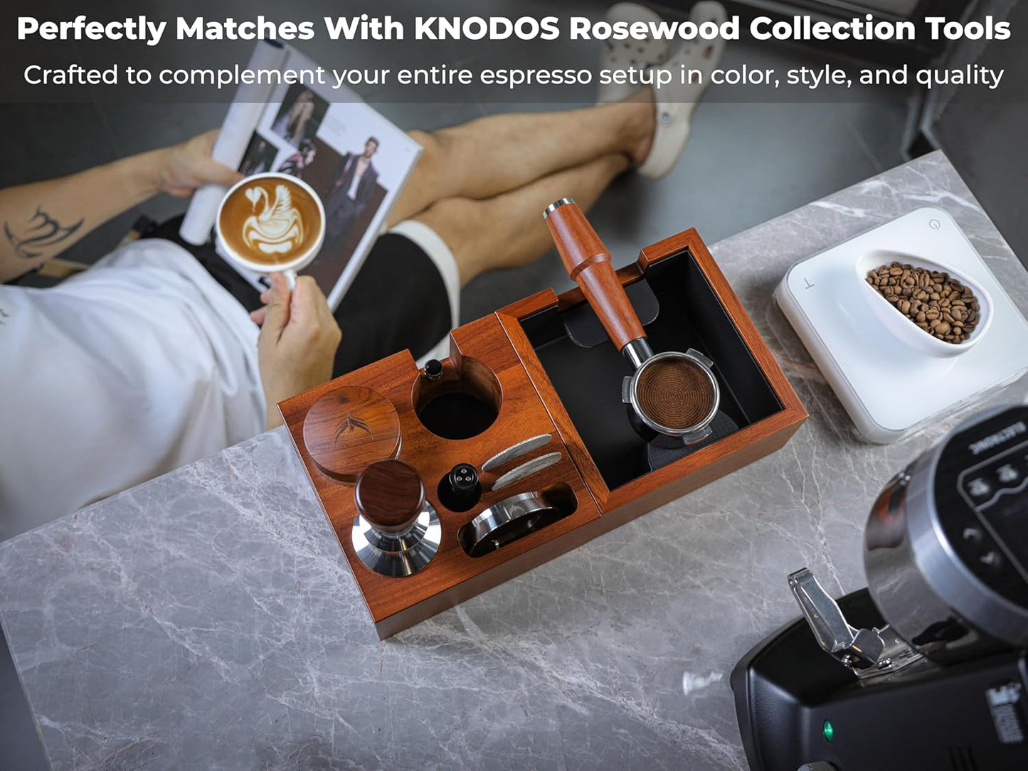 Rosewood Espresso Knock Box Portafilter Tamping Stand with Shock-Absorbing Bar & Non-Slip Design | Premium Dump Bin for Home Barista Stations