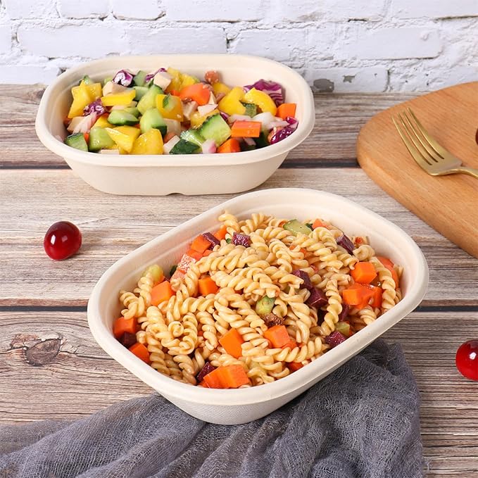 20 oz Disposable salad bowls with lids, Sugarcane Fiber Paper Bowls take away Bagasse food containers meal prep deli container 50 Pack