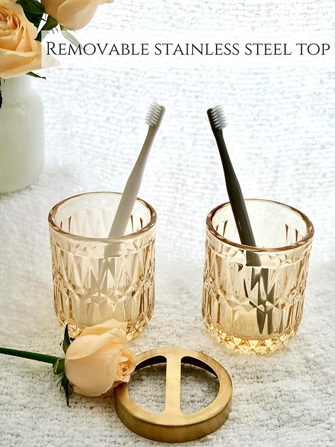Clear Gold Bathroom Accessorries Set, 5Pcs Glass Bathroom Accessories, Lotion Soap Dispenser, Toothbrush Holder Set, Soap Dish, Tumbler, Qtips Holder for Bathroom Vanity Decor, Yellow Gold