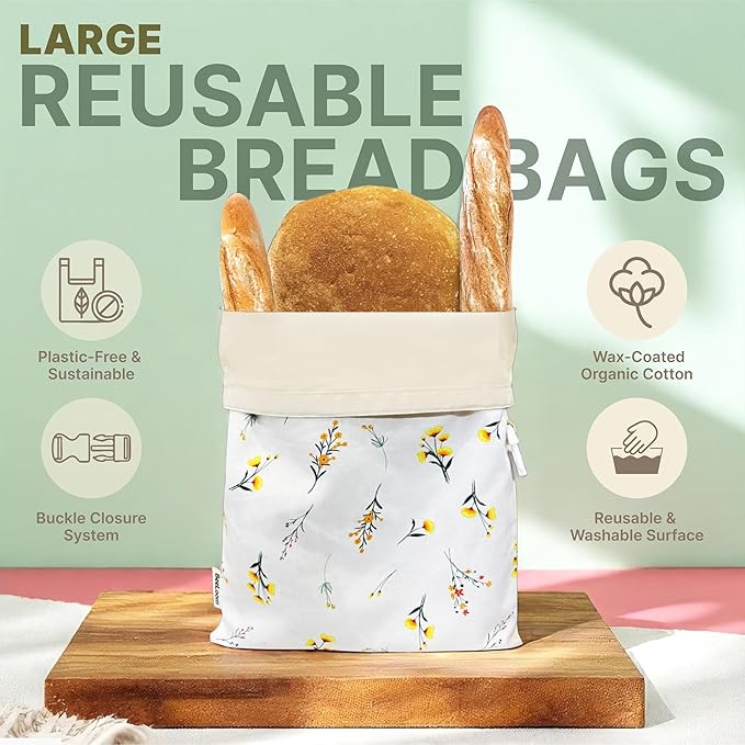 XL Reusable Beeswax Bread Bags (Set of 2) – 100% Cotton & Beeswax Lining – Eco-Friendly - Freezer Safe - Keeps Bread Fresh Longer -Easy to Clean Cloth Bags for Sourdough