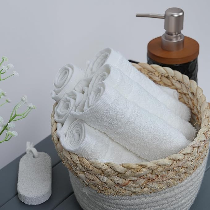 Tens Towels Pack of 12 Washcloths, 12 x 12 Inches, Lighter Weight, Quick to Dry, Super Soft & Absorbent, Gentle Face Towels, Hotel Quality, Perfect for Bathroom, Gym, Spa (White, 12 Pack)