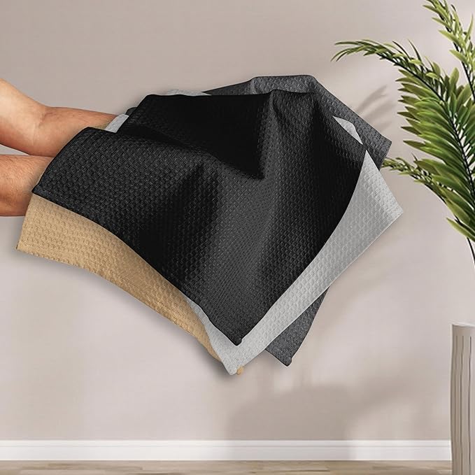 Multicolor Waffle Kitchen Towels, 16x26 Inches, Soft, Absorbent, Durable, Fast Drying, Reusable, 100% Cotton, Ideal for Cleaning, Towels, Set of 4, Black,Grey, Beige, White