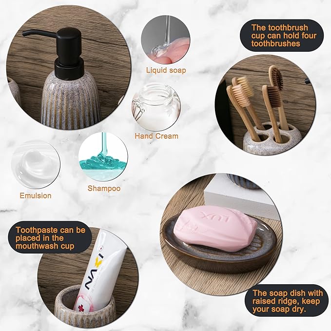 Bathroom Accessories Sets Complete -Set 4 Pcs, Ceramic Bathroom Accessory Bath Ensemble Includes Soap Dispenser, Toothbrush Holder, Toothbrush Cup, Soap Dish for Modern Bathroom Home Decor