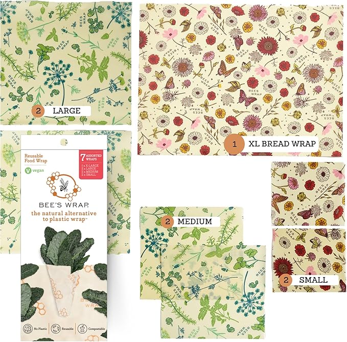 Bee's Wrap Vegan Beeswax Wraps for Food - Assorted 7 Pack (2S, 2M, 2L, & 1 Bread) Made in USA Reusable & Organic Food Wraps & Bowl Covers - Eco-Friendly Alternative to Aluminum Foil & Plastic Wrap