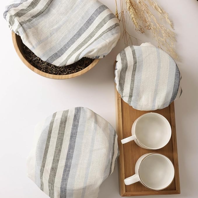 100% Linen Bowl Covers Reusable For Bread Proofing, 4 Pcs Elastic Cloth Fabric Colorful Stripe Bowl Covers, 5.9 * 7.9 * 9.8 * 11.8 Inches, Colorful 2
