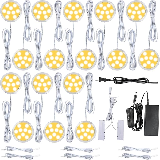 LED Puck Lights Kit for Under Cabinet Lighting, Octopus Connection, On/Off Switch, Plug in & Hardwired, 120V AC Powered to DC12V, White Cords, 16 Lights, Warm White