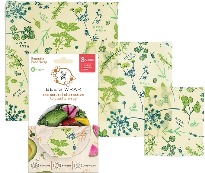 Bee's Wrap Vegan Beeswax Wraps for Food - Vegan Herb Garden 3 Pack (S, M, L) Made in USA Reusable & Organic Food Wraps, Sandwich Wrap & Bowl Covers - Eco Alternative to Aluminum Foil & Plastic Wrap