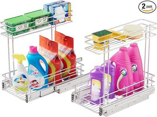 Under Sink Organizer 9"W X17"D, Pull Out Cabinet Organizer 2 Tier, Under Sink Slide Out Chrome Plated, Under Kitchen Bathroom Sink Organizer, Pantry Cabinet Closet Organization Rack, 2 Pack