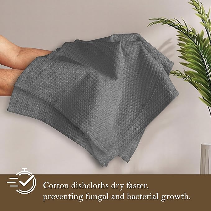 Grey Waffle Dishcloths, 12x12 Inch, Soft, Absorbent, 100% Cotton, Durable, Washable, and Quick Drying, Ideal for Kitchen Cleaning, Multipurpose Dish Towels, Set of 12