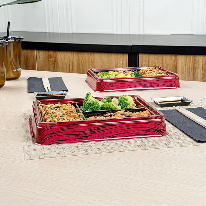 Restaurantware-Bento Tek 16.1 Ounce Meal Prep Containers, 100 Disposable To Go Food Boxes - Lids Sold Separately, 3 Compartments, Red And Black Plastic Bento Lunch Boxes, Freezable, For Take Out