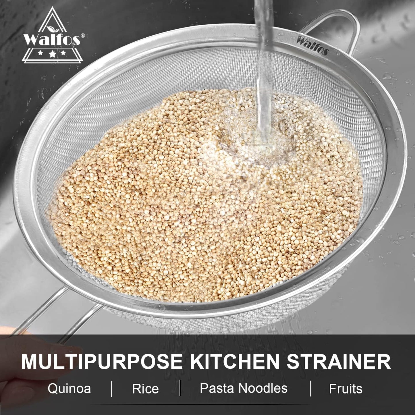 Walfos 8 Inch Fine Mesh Strainer, Premium Stainless Steel Colanders and Sifters, with Reinforced Frame and Sturdy Handle, Perfect for Sift, Strain, Drain and Rinse Vegetables, Pastas and Tea