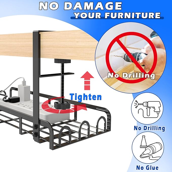 Sleclean Under Desk Cable Management Tray, Upgraded Long Arm Clamp, 16.6"x7.1" No Drill Steel Organizers, Cable Tray with Clamp for Wire Management, Home - No Damage to Desk