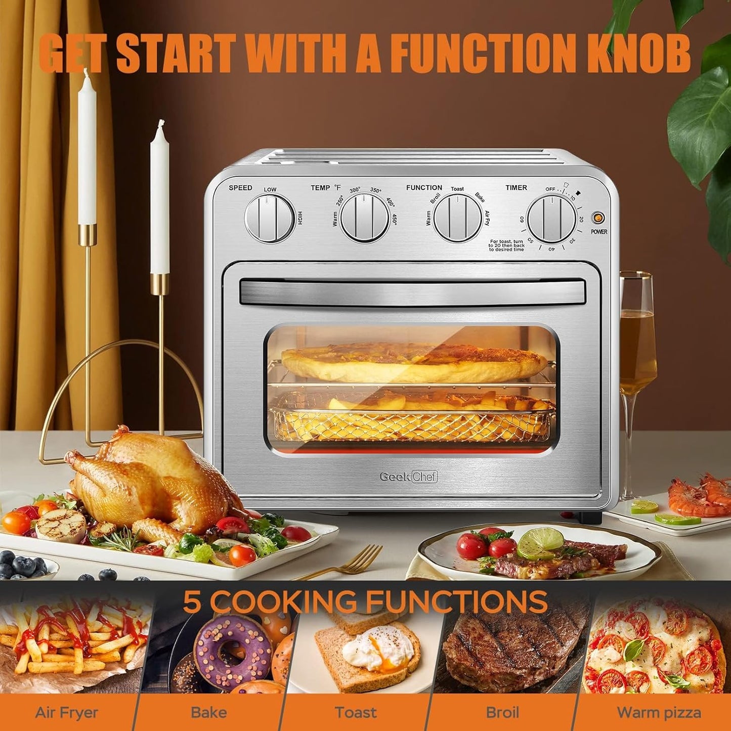 Air Fryer, Geek Chef Convection Air Fryer Toaster Oven, 4 Slice Toaster Airfryer Countertop Oven, Electric Hot Oven Oilless Cooker, Accessories, ETL Listed, 16QT