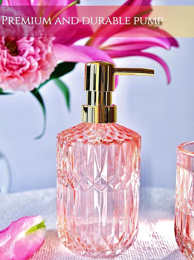 5pcs Clear Glass Bathroom Accessories Set, Crystal Pink Bath Decor with Soap Dispenser, Toothbrush Holder Set, Soap Dish, Tumbler, Qtips Holder, Modern Decor for Bathroom, Vintage Gift Set