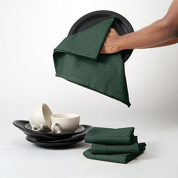 Olive Green Waffle Kitchen Towels, 16"x26", Durable, Soft, Absorbent, 100% Cotton, Fast Drying, Reusable, Machine Washable, Ideal for Cleaning, Multipurpose Towels, 4 Pack