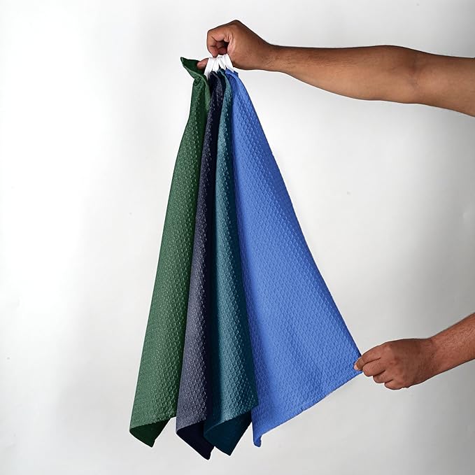 Multicolor Waffle Kitchen Towels, 16"x26", Soft, Absorbent, Durable, Fast Drying, Reusable, 100% Cotton, Ideal for Cleaning, Drying Dishes, Set of 4, Teal, Olive Green, Navy, Sky Blue