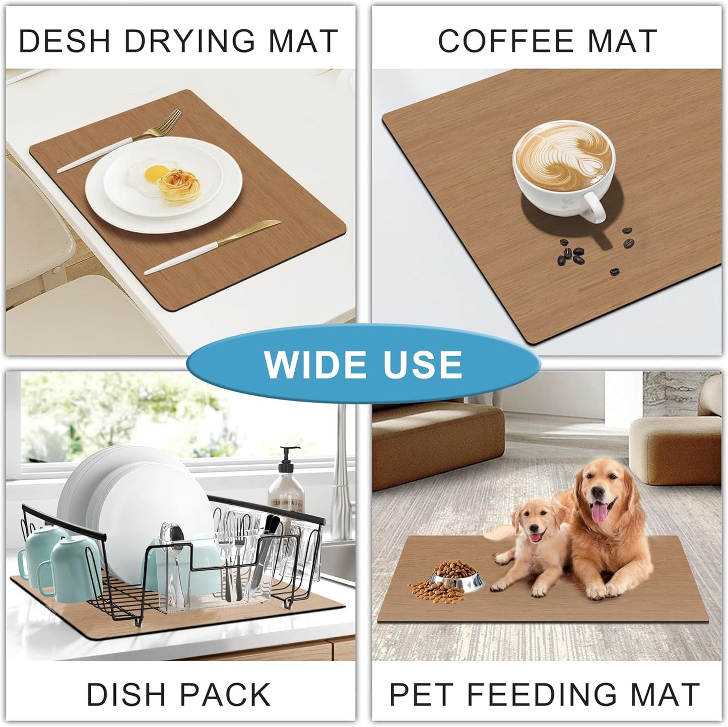 Dish Drying Mat Coffee Mat - Coffee Bar Accessories Absorbent Mat Dish Drying Mats for Kitchen Counter Sink Under Coffee Maker Espresso Machine Pot Cup Holder Easy Clean Kitchen Dish Mat 19"x12", Wood