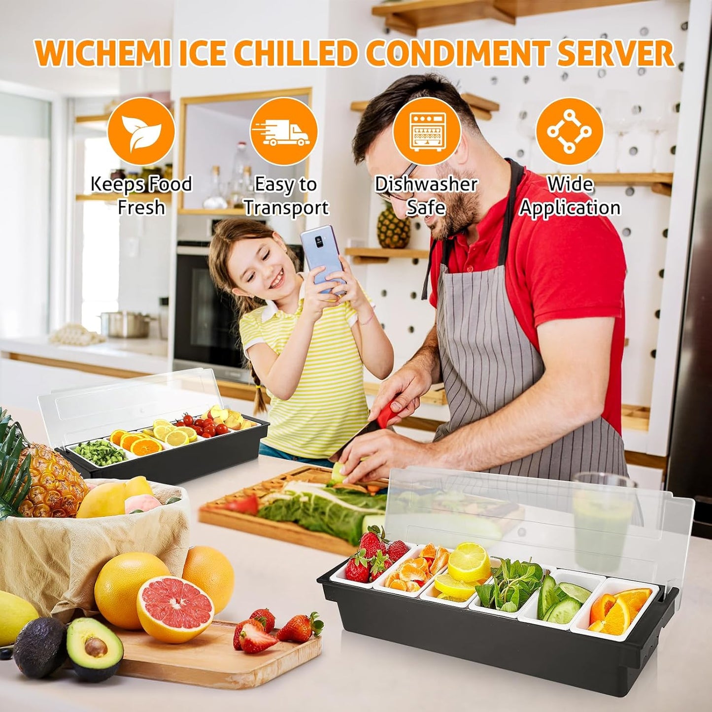 WICHEMI Fruit, Veggie & Condiment Caddy with Lid Dispenser Tray Garnish Station for Bartending & Serving Taco, Ice Cream, Salad Bar - Topping Organizer for Restaurant Supplies (6 Compartment, 2 Pack)