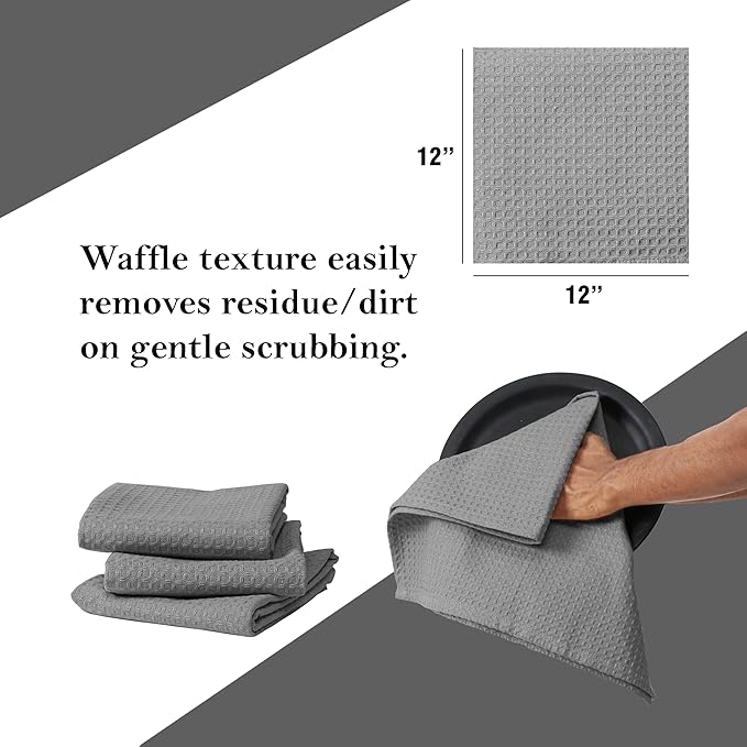 Grey Waffle Dishcloths, 12x12 Inch, Soft, Absorbent, 100% Cotton, Durable, Washable, and Quick Drying, Ideal for Kitchen Cleaning, Multipurpose Dish Towels, Set of 12