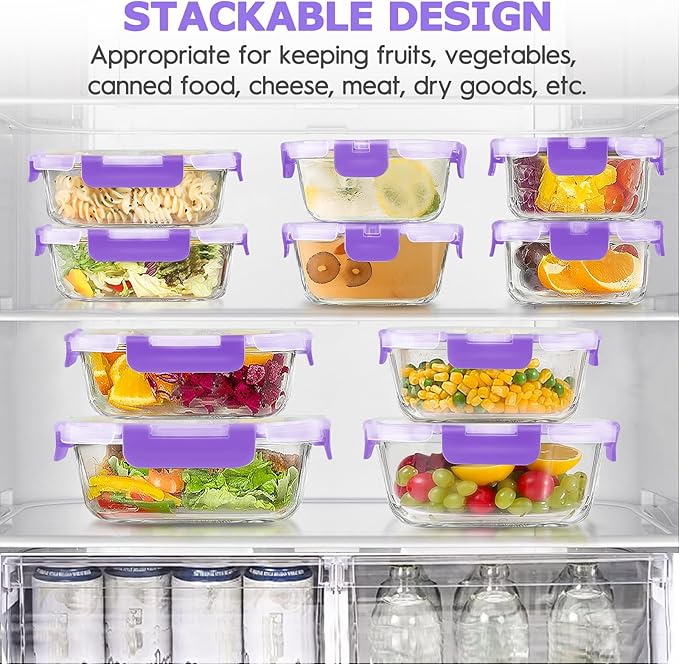 34pcs Glass Food Storage Containers with Lids Set, Airtight Glass Meal Prep Containers (17 Containers & 17 Lids), Leak Proof Lunch Containers BPA-Free, Microwave, Oven, Freezer, Dishwasher Safe