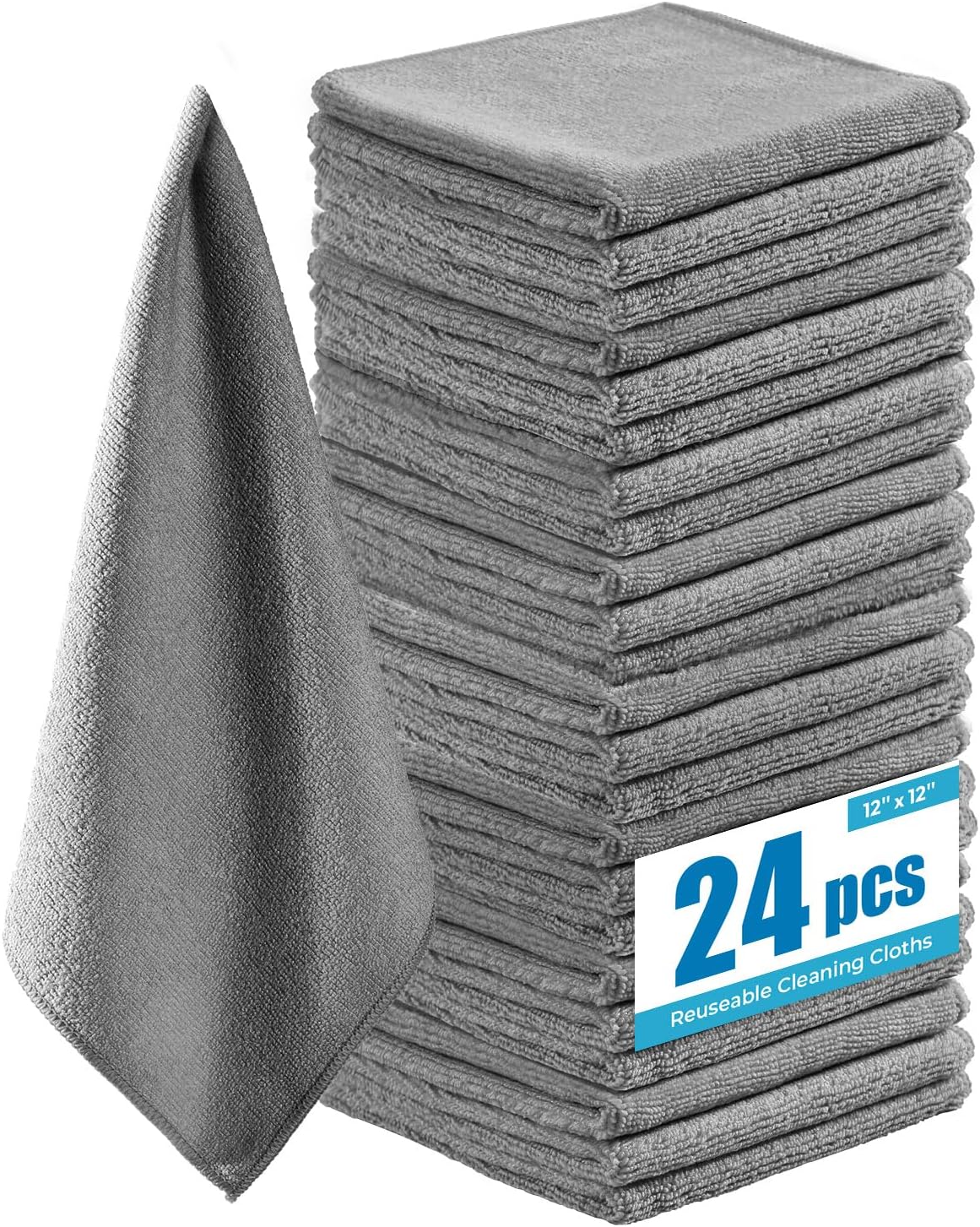 24Pack Microfiber Cleaning Cloths 12”x12” - Extra Thick Kitchen Towels - Streak-Free, Lint-Free, Fast Absorbent - Reusable Multi-Purpose Housekeeping Rags for Cars, Dishes, Floors, Tiles - Grey