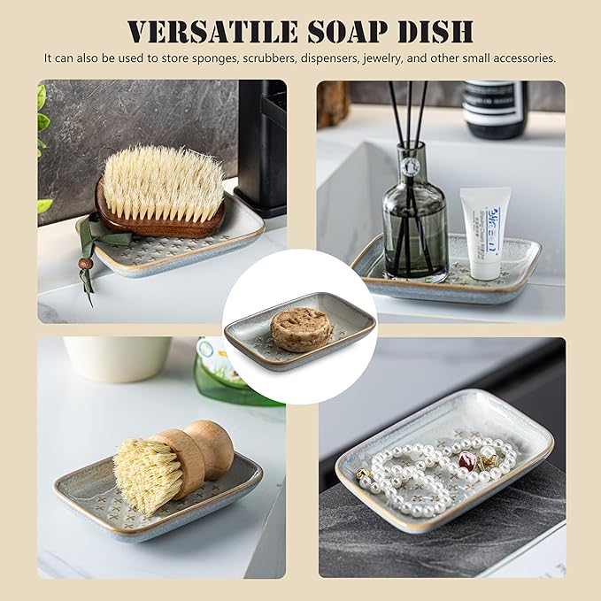 Gomakren Soap Dish, Shower Soap Holder, Ceramic Soap Dishes for Bar Soap Sponge Shampoo, Soap Saver Tray for Bathroom Kitchen Sink Counter, 5.5 Inch, Gray