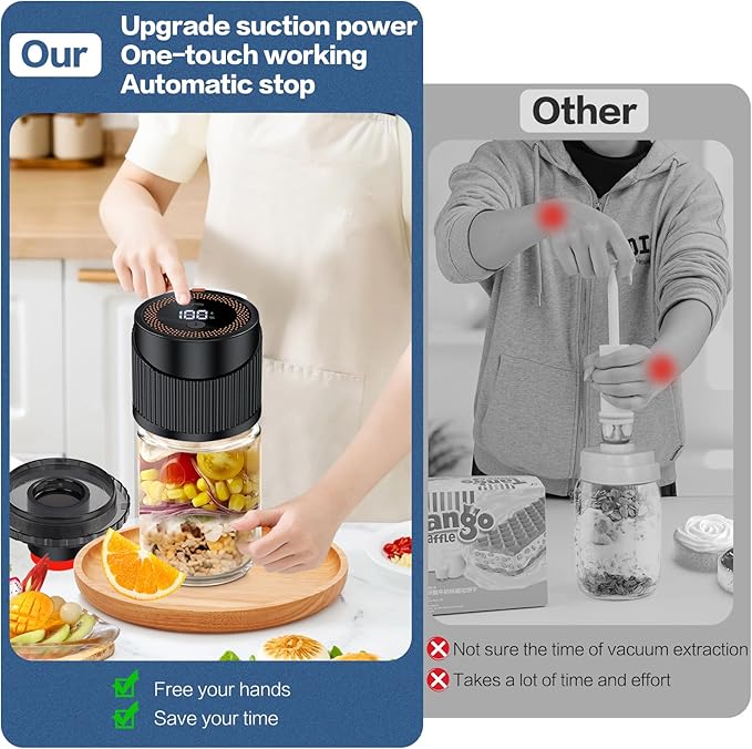 Electric Mason Jar Vacuum Sealer for Wide and Regular Mouth, 4 in 1 Auto Stop Mason Jar Vacuum Sealer Kit, Cordless Portable Canning Vacuum Sealer Machine for Canning Pickling Food Storage