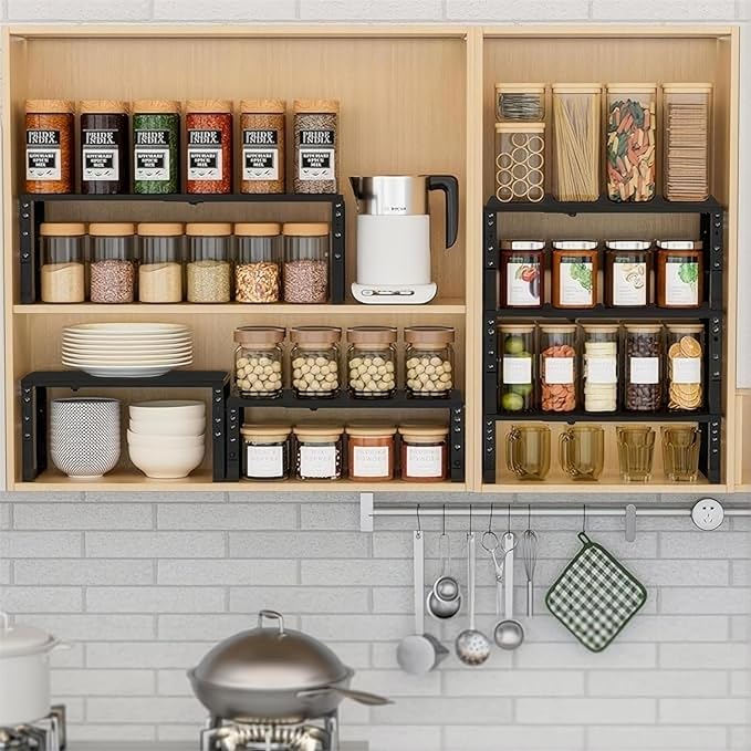 Expandable Spice Rack Organizion for Kitchen Cabinet, Seasoning,Bathroom Organizer Display Shelf, Stackable Multi-Purpose Shelves.Easy-to-Install（3Packs/Black,Medium