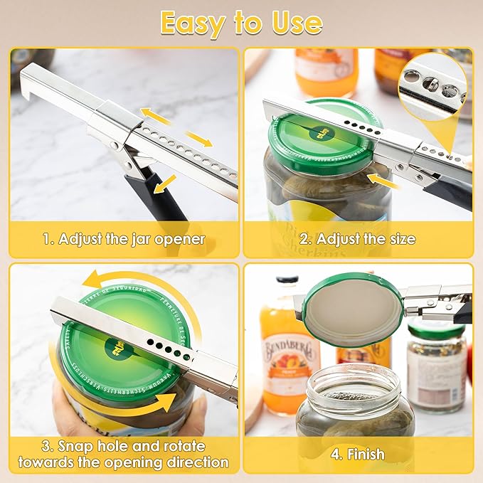 Dreyoo 2 Pack Adjustable Jar Can Opener, Multifunctional Stainless Steel Can Opener with Jar Gripper, Comfortable Grip Jar Lid Opener for Weak Hands, Seniors Arthritis, Kids Openers, 7.5 Inch