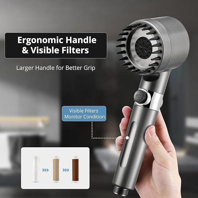 Fitered Shower Head with Handheld for Hard Water, High Pressure Handheld Shower Heads with On Off Switch, Showerhead with Long Hose(Gun Grey,2 Filters)
