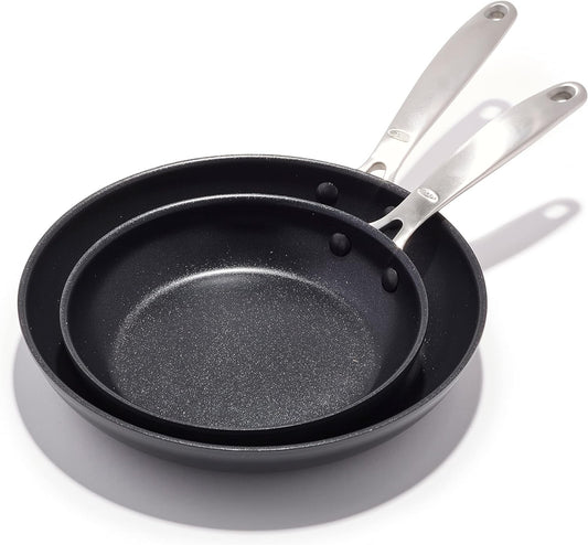 OXO Enhanced 8" and 10" Frying Pan Skillet Set, Healthy Ceramic Nonstick, PFAS-Free, Stainless Steel Handle, Dishwasher Safe, Oven Safe, Black