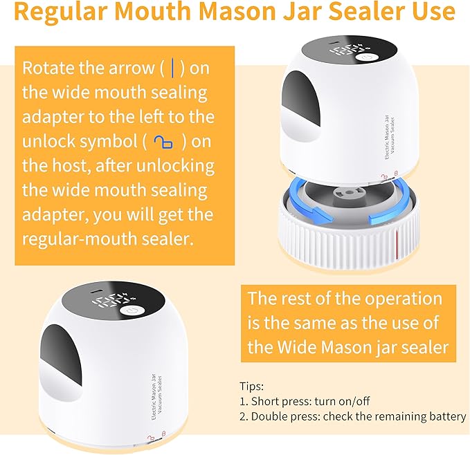 3 in 1 Electric Mason Jar Vacuum Sealer Kit, Auto Stop Jar Vacuum Sealer for Mason Jar Wide & Regular Mouth & Sous Vide Bags Compact vacuum sealer for Food White