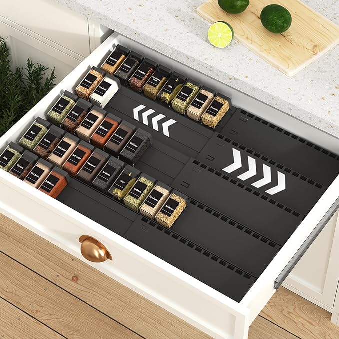 Spice Drawer Organizer, 5 Tier- 5 Pack Drawer Seasoning Organizer Expandable from 13" to 24.4", Spice Rack for Kitchen Drawers, Spice Organization Insert Tray for Drawer (Jars not included)