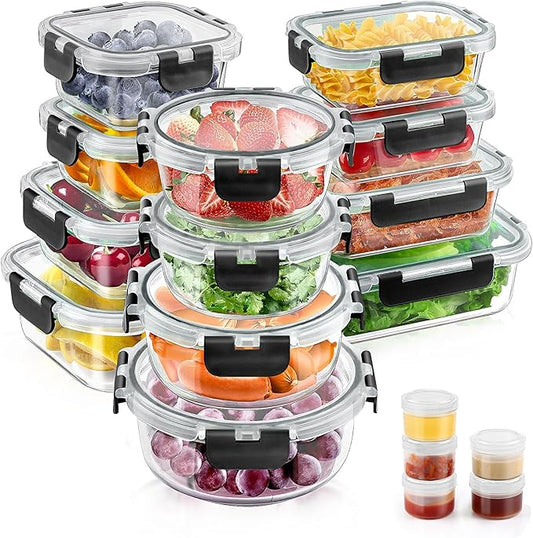34pcs Glass Food Storage Containers with Lids Set, Airtight Glass Meal Prep Containers (17 Containers & 17 Lids), Leak Proof Lunch Containers BPA-Free, Microwave, Oven, Freezer, Dishwasher Safe