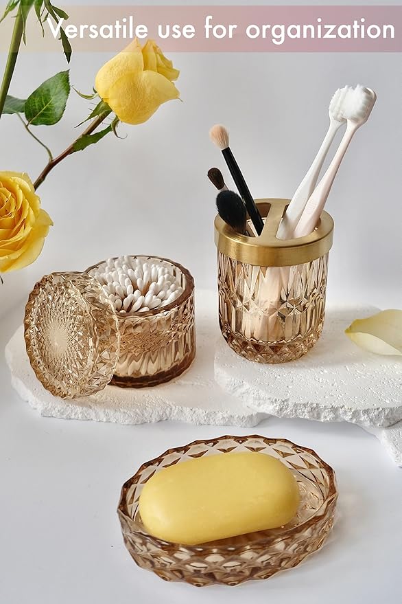 Brown Bathroom Accessories Set, 5Pcs Clear Glass Bathroom Accessories, Lotion Soap Dispenser, Toothbrush Holder Set, Soap Dish, Qtip Holder, Tumbler, Vintage Bathroom Set, Vanity Organizer