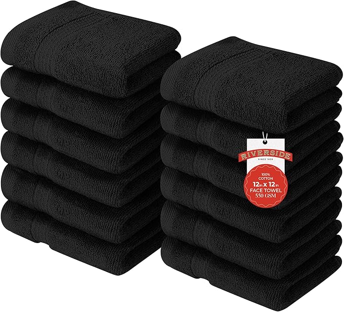 RIVERSIDE 12 Pack Premium 100% Cotton Face Washcloths, 550 GSM, 12 x 12 Inches, Soft, Absorbent Towels for Body & Shower, Bathroom Wash Clothes, Durable Face Towels Set for Spa, Gym, Black