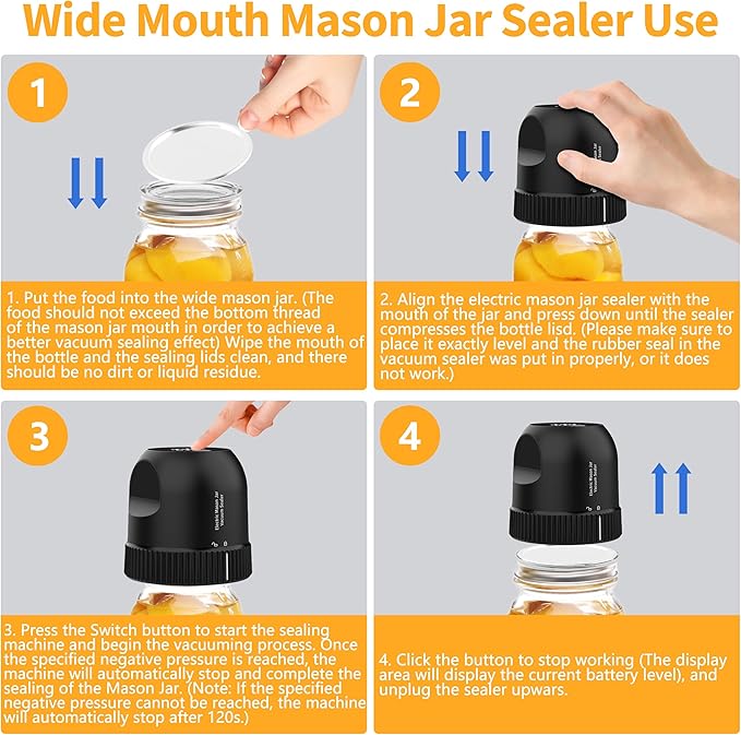 Mason Jar Vacuum Sealer Kit, 3 in 1 Auto Stop Electric Jar Vacuum Sealer for Mason Jars for Wide & Regular Mouth Mason Jars & Sous Vide Bags, Portable Compact Vacuum Seal for Jar Food Storage Black