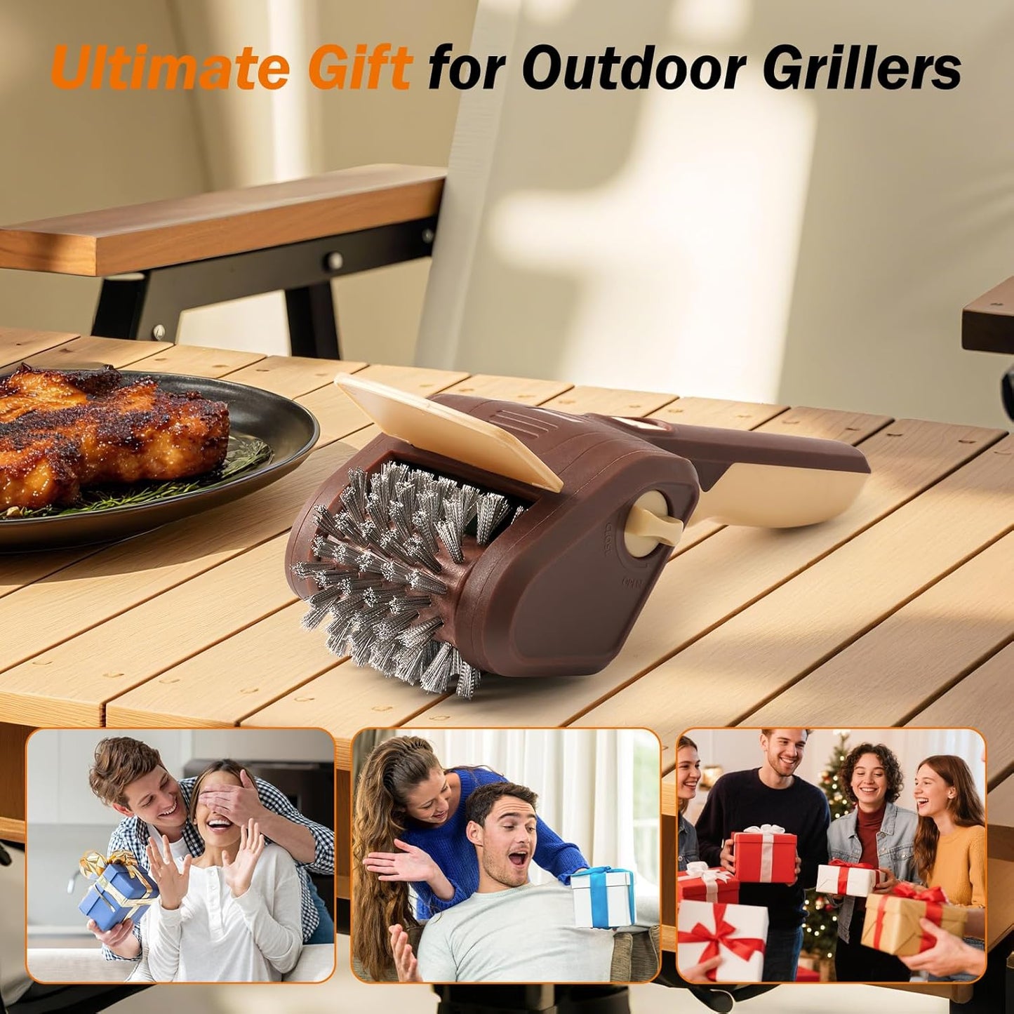 Grill Brush for Outdoor Grill, Cordless Electric BBQ Grill Cleaner with 700 RPM Stainless Steel Brush, Rechargeable Grill Cleaning Brush, Brown